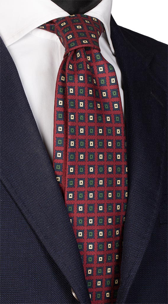 Cravatta Stampa di Seta Amaranto Vintage Fantasia Blu Giallo Verde Made in Italy Graffeo Cravatte