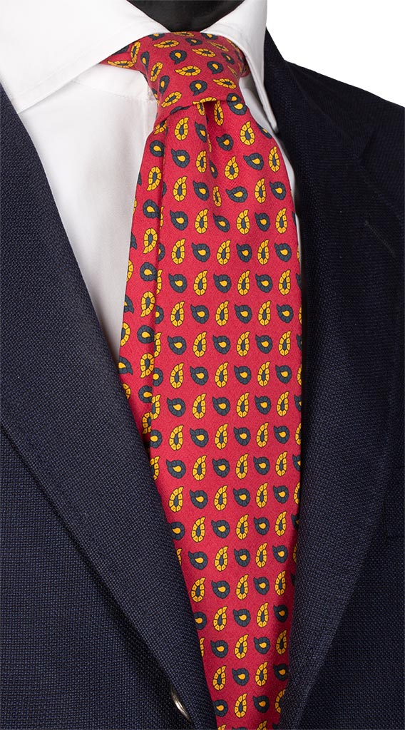 Cravatta Stampa di Seta Vintage Rossa Paisley Verde Giallo Made in Italy Graffeo Cravatte