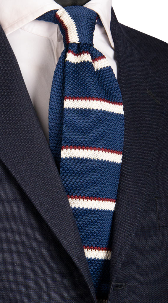 Cravatta Tricot in Maglia di Seta Blu Navy Righe Bianche Bordeaux Made in Italy Graffeo Cravatte