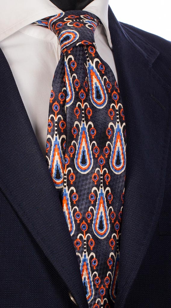 Cravatta Uomo Stampa Blu Notte Effetto Cangiante Grigio Fantasia Bianca Celeste Arancione Made in Italy Graffeo Cravatte