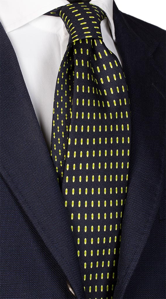 Cravatta Uomo Stampa Blu Notte Fantasia Verde Pala Piccola a Contrasto Blu Verde Made in Italy Graffeo Cravatte