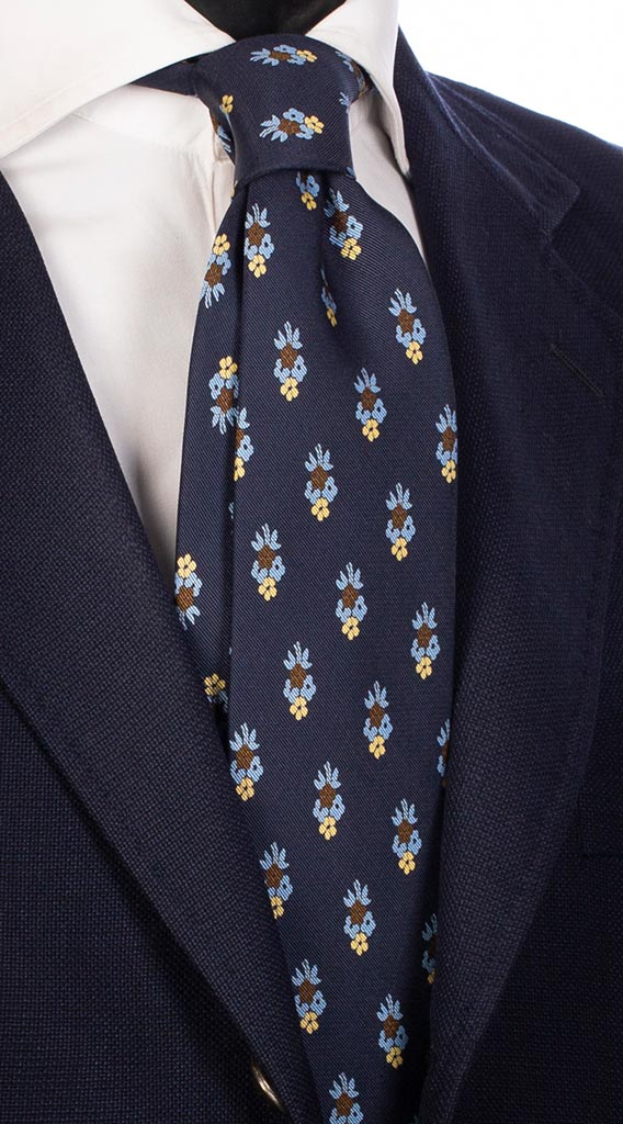 Cravatta Uomo Stampa Blu con Fantasia Floreale Celeste Marrone Gialla Made in Italy Graffeo Cravatte