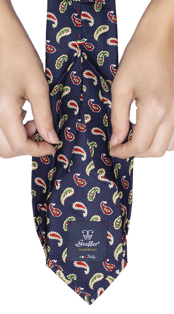 Cravatta Sette Pieghe Stampa di Seta Blu Paisley Multicolor Made in Italy Graffeo Cravatte Pala