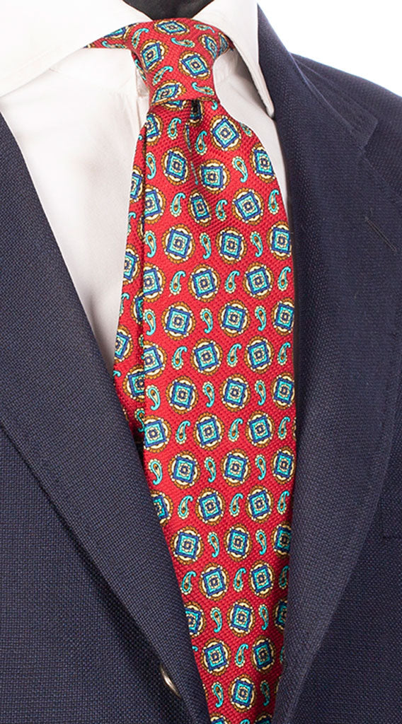 Cravatta Sette Pieghe Stampa di Seta Rossa Bordeaux Fantasia Marrone Bluette Gialla Azzurra Made in Italy Graffeo Cravatte