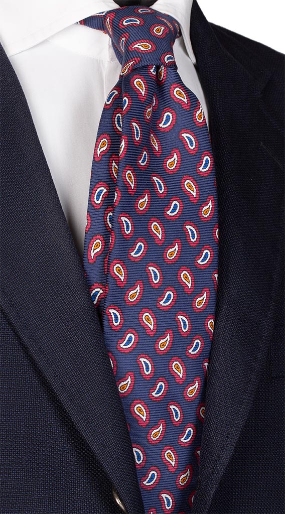 Cravatta Uomo Stampa di Seta Blu Navy Paisley Multicolor Made in Italy Graffeo Cravatte