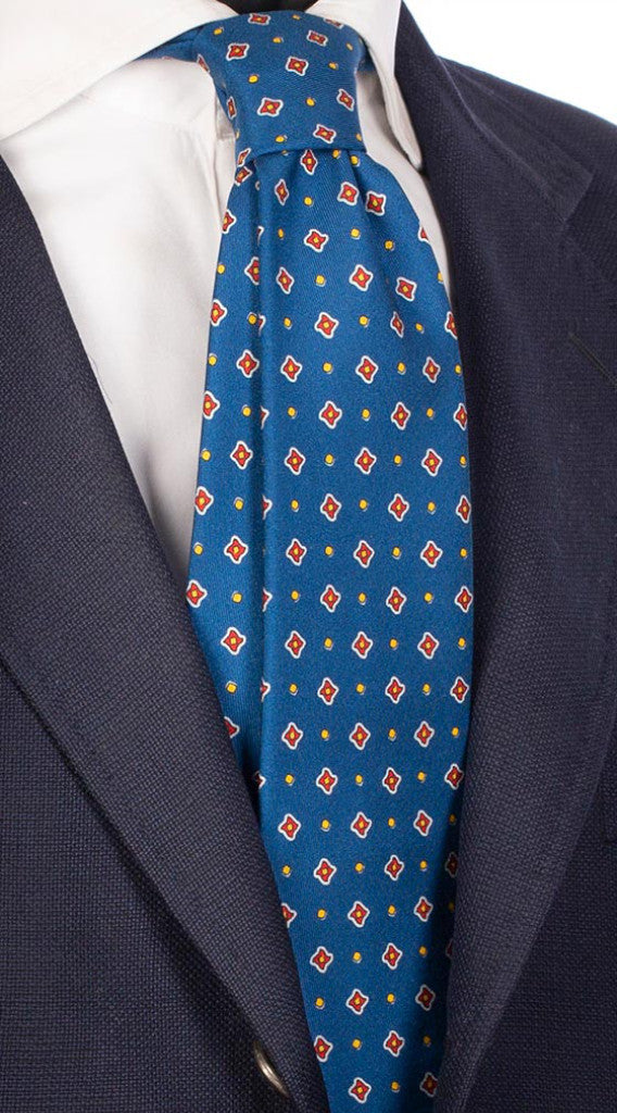 Cravatta Uomo Stampa di Seta Bluette Fantasia Rossa Bianca Gialla Made in Italy Graffeo Cravatte