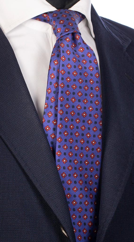 Cravatta Uomo Stampa di Seta Bluette Micro Fantasia Rossa Bianca Made in Italy Graffeo Cravatte