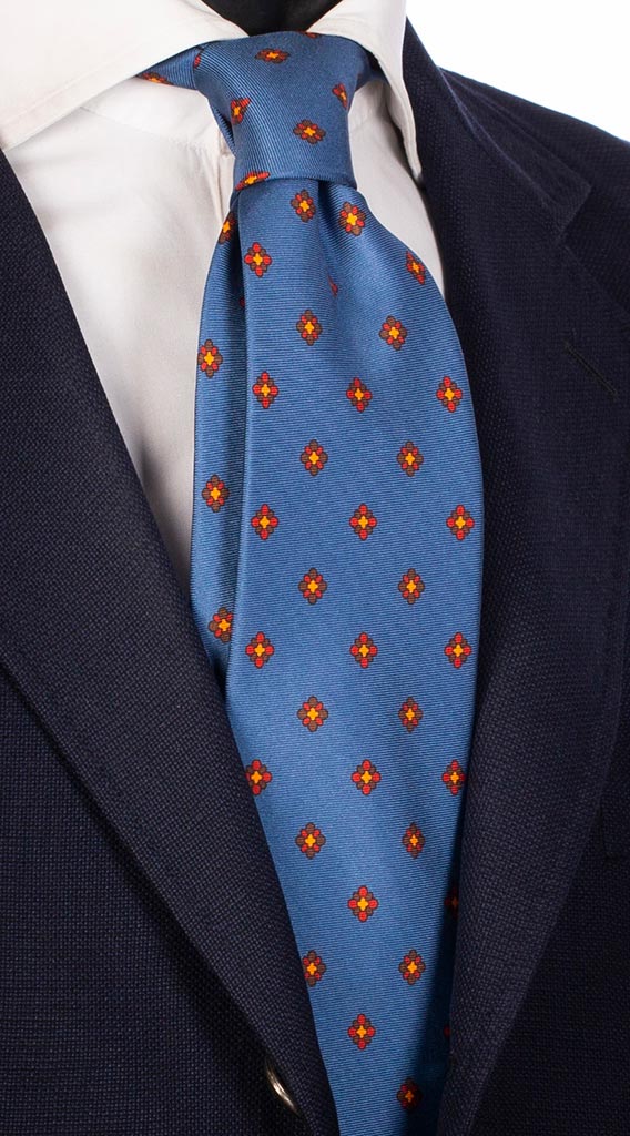 Cravatta Uomo Stampa di Seta Color Jeans Fantasia Marrone Rossa Made in Italy Graffeo Cravatte