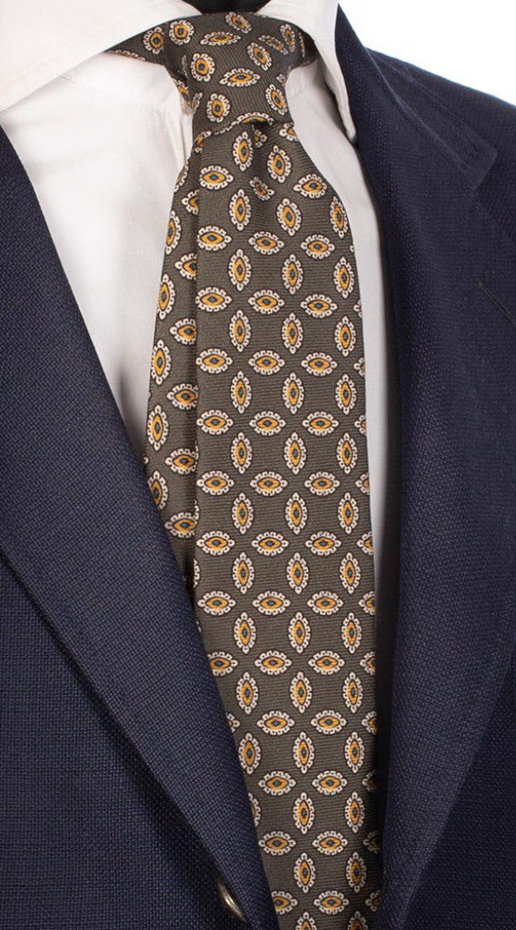 Cravatta Uomo Stampa di Seta Verde Bottiglia con Fantasia Bianca Gialla Celeste Made in Italy Graffeo Cravatte