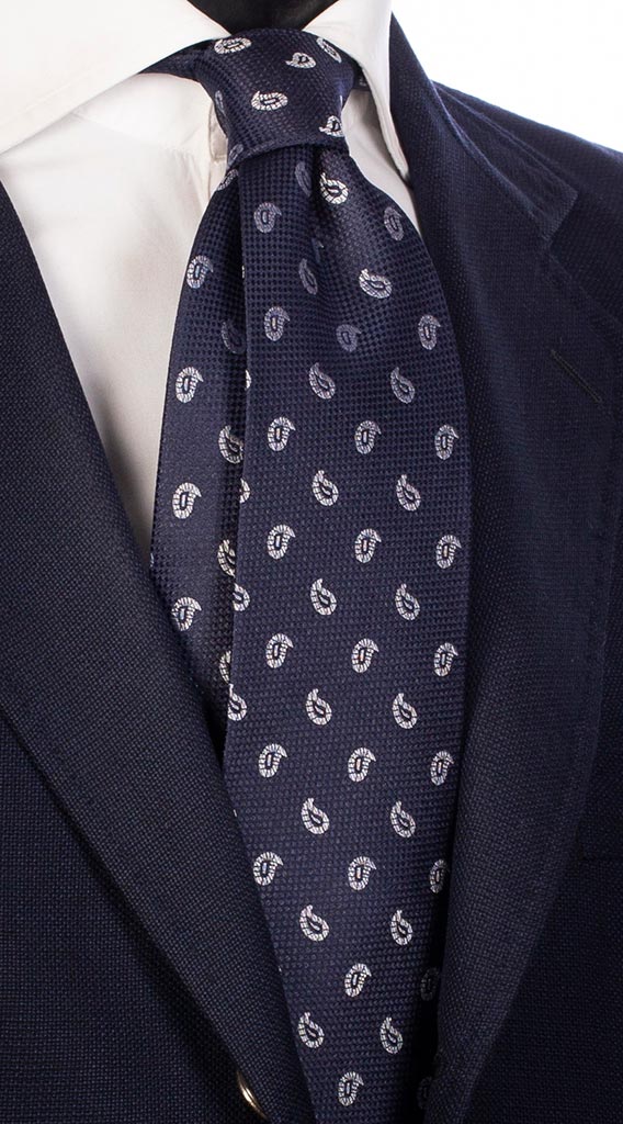 Cravatta Uomo per Cerimonia di Seta Blu Fantasia Tono su Tono Paisley Bianco Blu Made in Italy Graffeo Cravatte