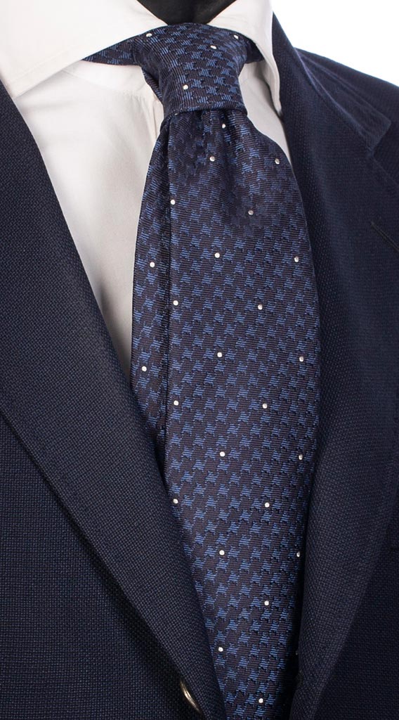 Cravatta Uomo per Cerimonia di Seta Pied de Poule Blu Bluette Pois Bianco Made in Italy Graffeo Cravatte