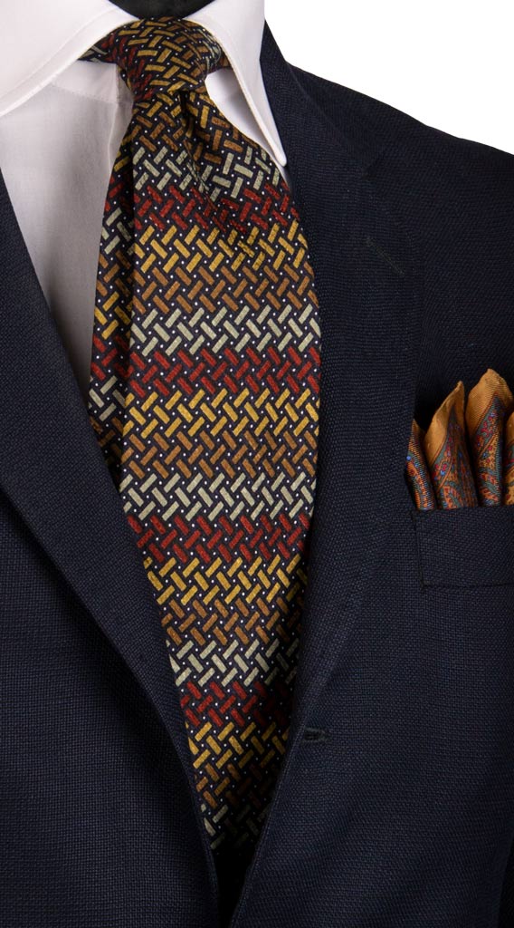 Cravatta Vintage di Seta Jacquard Blu a Fantasia Bordeaux Verde Giallo Senape Made in Italy Graffeo Cravatte