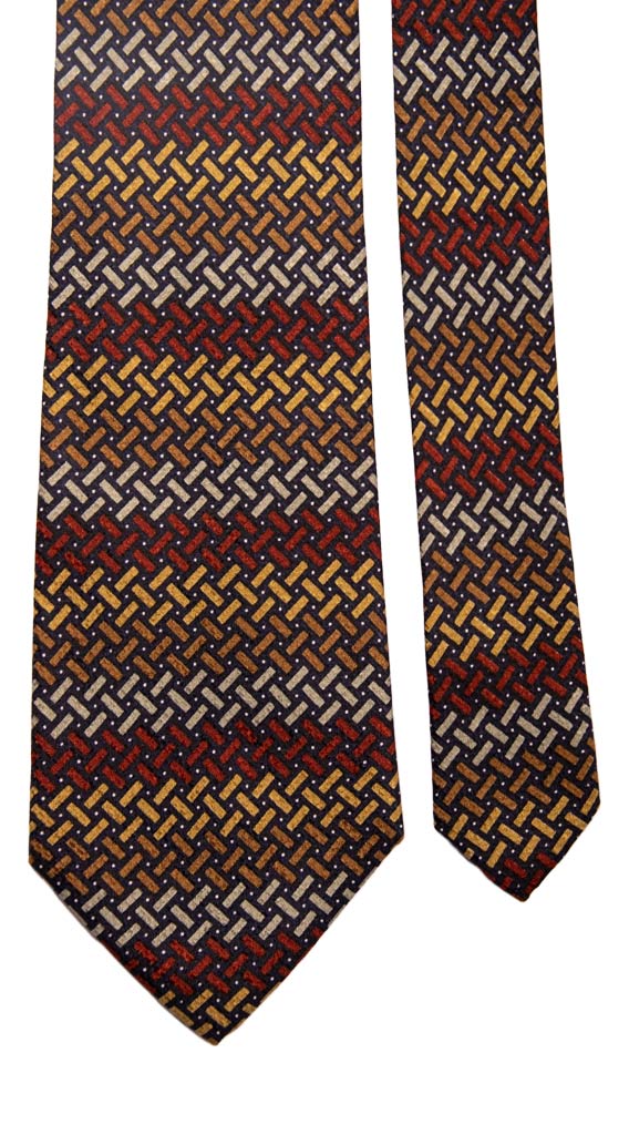 Cravatta Vintage di Seta Jacquard Blu a Fantasia Bordeaux Verde Giallo Senape Made in Italy Graffeo Cravatte Pala