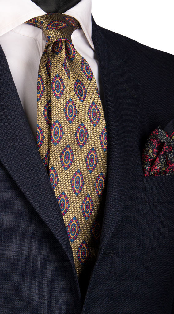 Cravatta Vintage di Seta Jacquard Giallo Oro Nera Fantasia Multicolor Made in Italy Graffeo Cravatte
