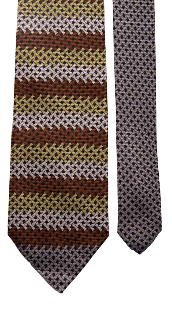 Cravatta Vintage di Seta Jacquard Marrone Verde Oliva Grigio Fantasia Nodo in Contrasto Made in Italy Graffeo Cravatte Pala