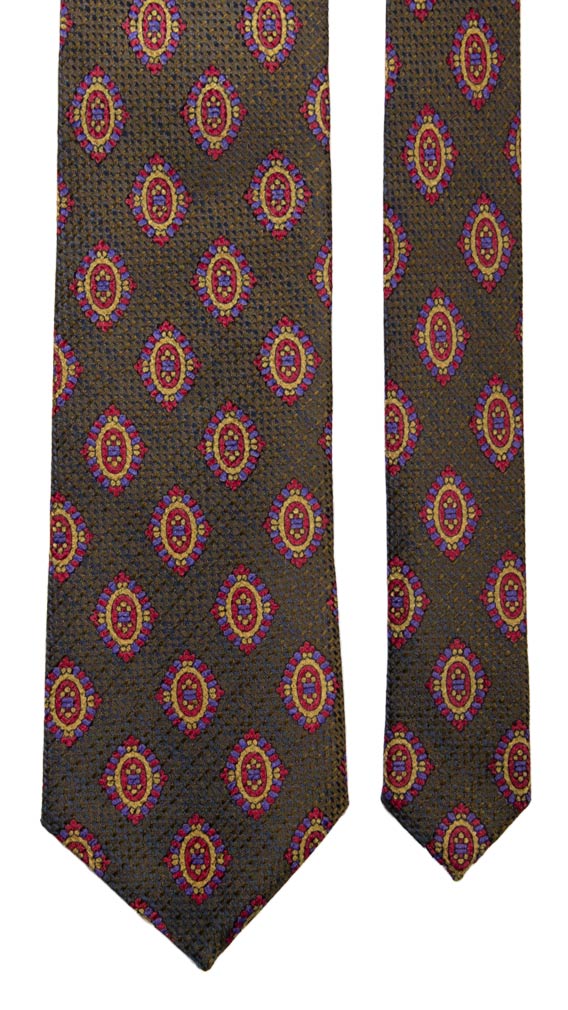 Cravatta Vintage di Seta Jacquard Verde Oliva Blu Fantasia Multicolor Made in Italy Graffeo Cravatte Pala