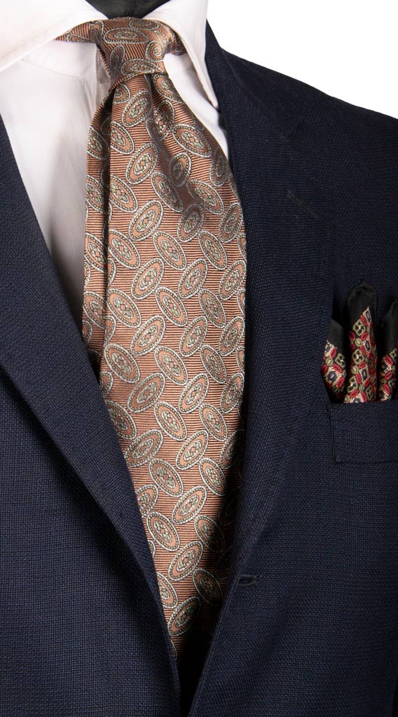 Cravatta Vintage di Seta Rosa Antico Fantasia Verde Oliva Grigia Made in italy Graffeo Cravatte