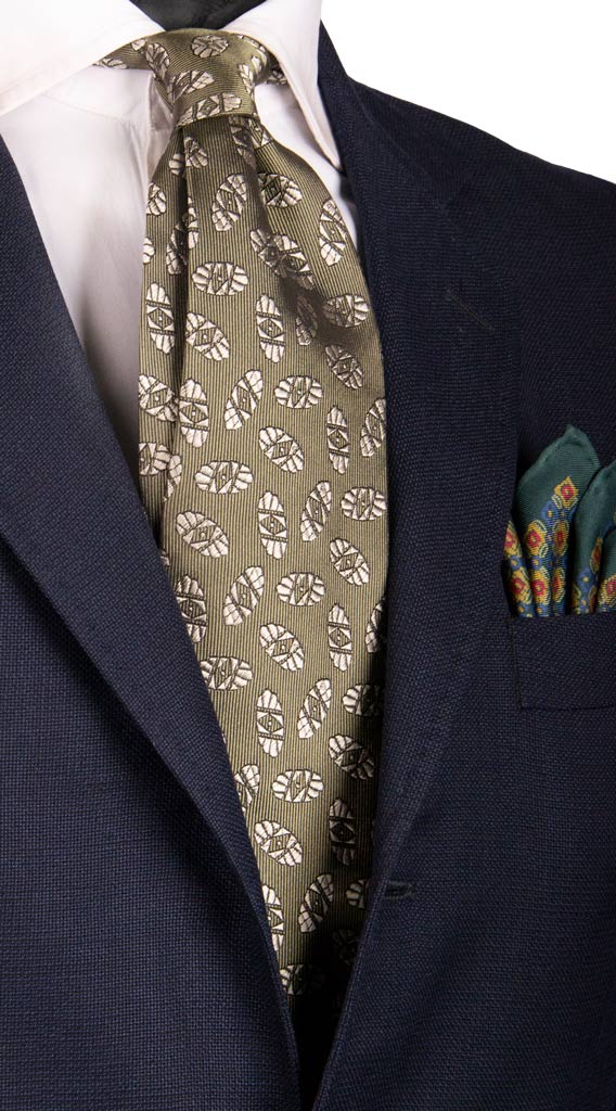 Cravatta Vintage di Seta Verde Oliva Fantasia Champagne Made in Italy graffeo Cravatte