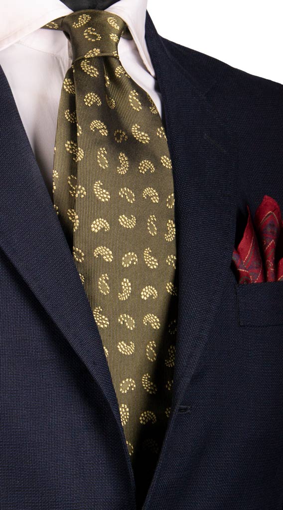 Cravatta Vintage di Seta Verde Oliva Paisley Champagne Made in Italy Graffeo Cravatte