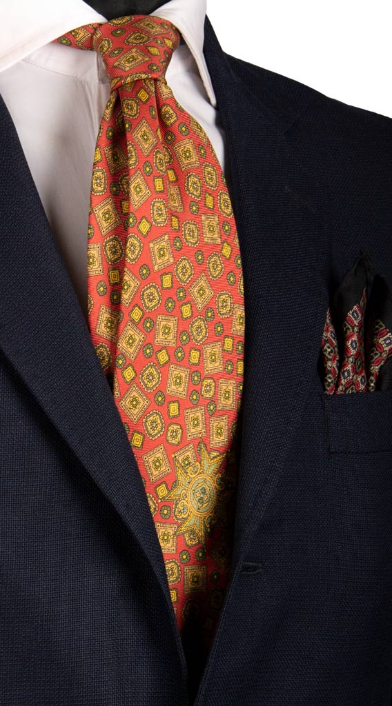 Cravatta Vintage in Saia di Seta Arancione Scuro Fantasia Verde Senape Made in Italy Graffeo Cravatte