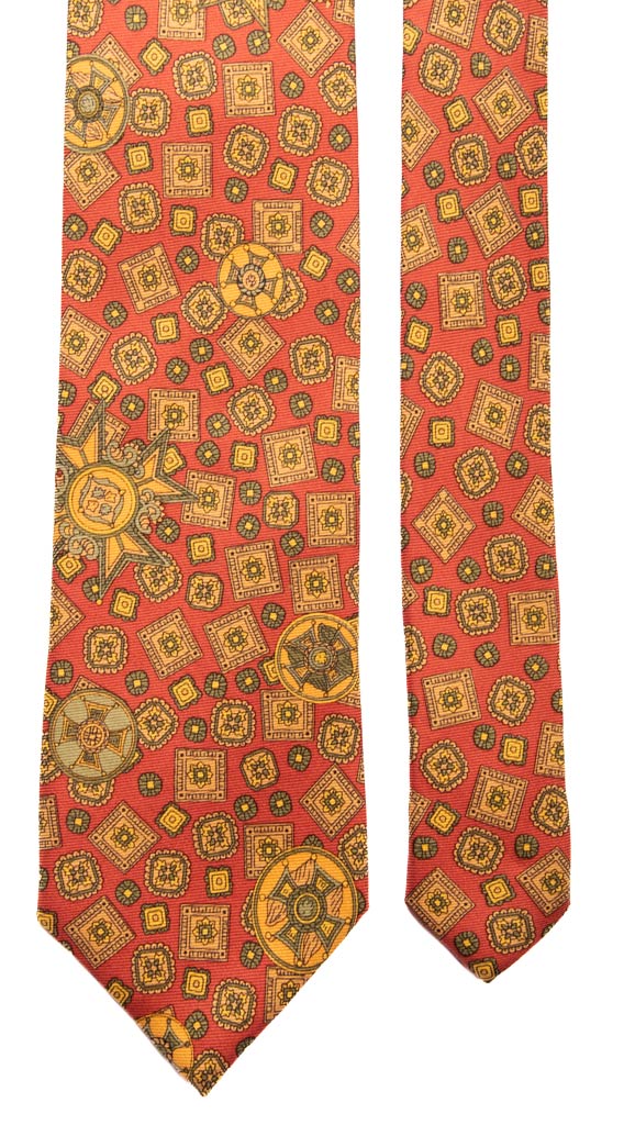 Cravatta Vintage in Saia di Seta Arancione Scuro Fantasia Verde Senape Made in Italy Graffeo Cravatte Pala