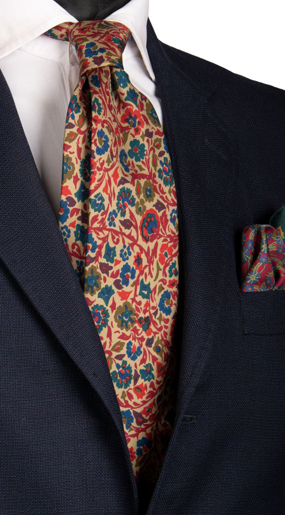 Cravatta Vintage in Saia di Seta Beige a Fiori Multicolor Made in Italy Graffeo Cravatte