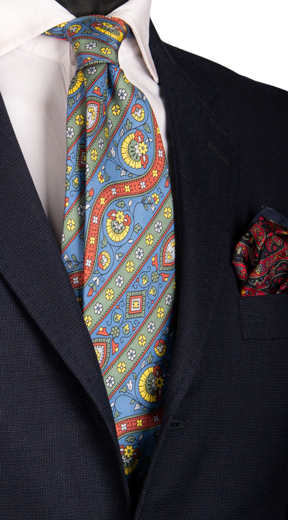 Cravatta Vintage in Saia di Seta Blu Avio Fantasia Multicolor Made in Italy Graffeo Cravatte
