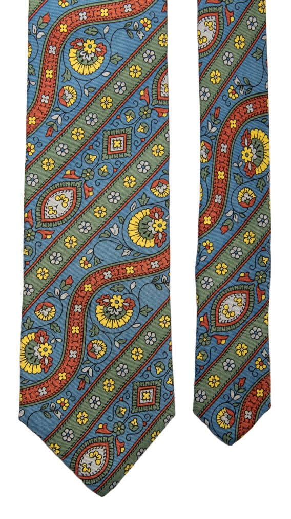 Cravatta Vintage in Saia di Seta Blu Avio Fantasia Multicolor Made in Italy Graffeo Cravatte Pala