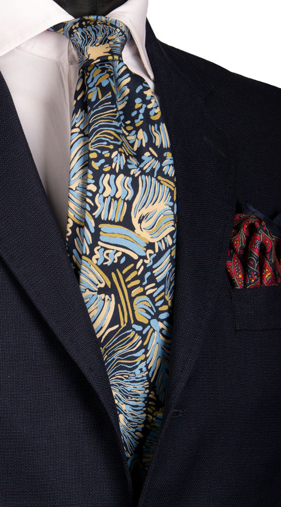 Cravatta Vintage in Saia di Seta Blu Fantasia Azzurra Verde Avorio Made in Italy Graffeo Cravatte