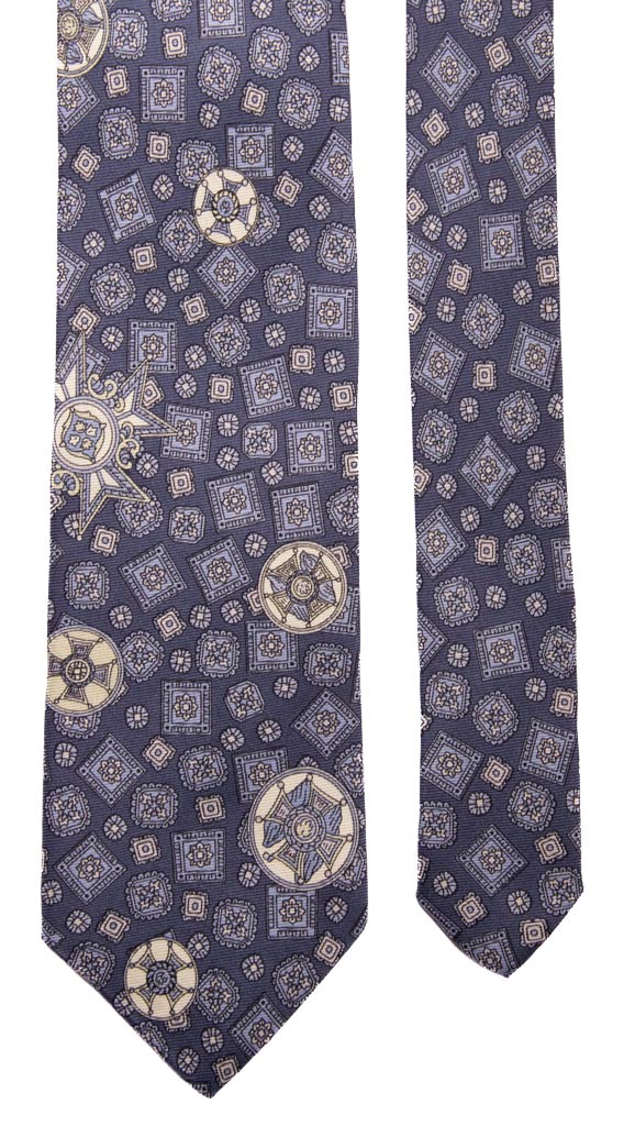 Cravatta Vintage in Saia di Seta Blu Navy Fantasia Celeste Verde Acqua Made in Italy Graffeo Cravatte Pala