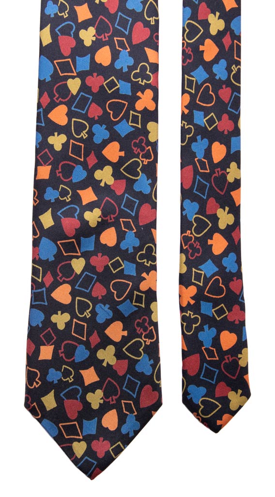 Cravatta Vintage in Saia di Seta Blu Notte Fantasia Carte da Poker Multicolor Made in Italy graffeo Cravatte Pala