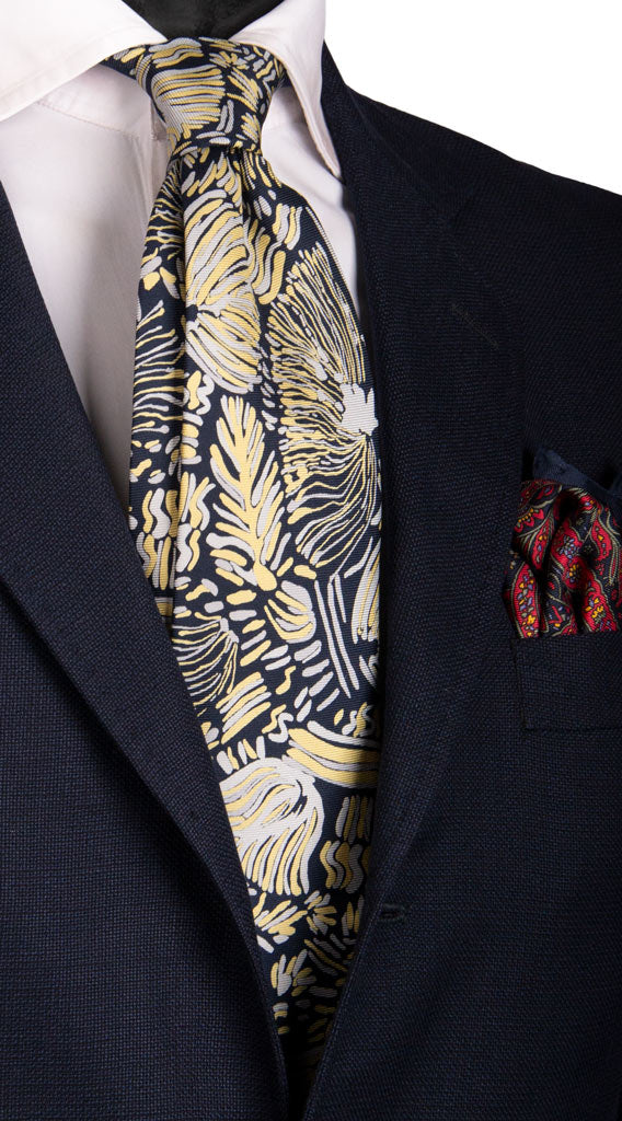 Cravatta Vintage in Saia di Seta Blu Notte Fantasia color Champagne Grigio Made in Italy Graffeo Cravatte