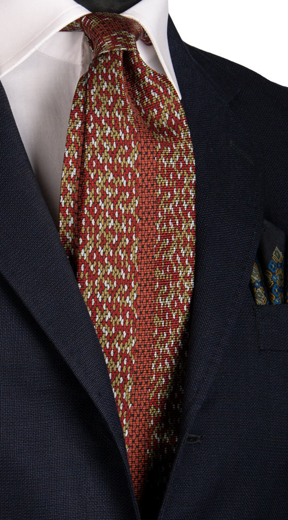 Cravatta Vintage in Saia di Seta Bordeaux Fantasia Verde Grigio Argento con Disegno Centro Pala Made in Italy Graffeo Cravatte