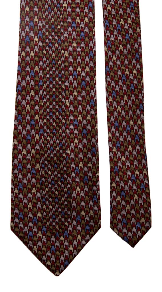 Cravatta Vintage in Saia di Seta Bordeaux Pied de Poule Multicolor con Disegno Centro Pala Made in Italy Graffeo Cravatte Pala
