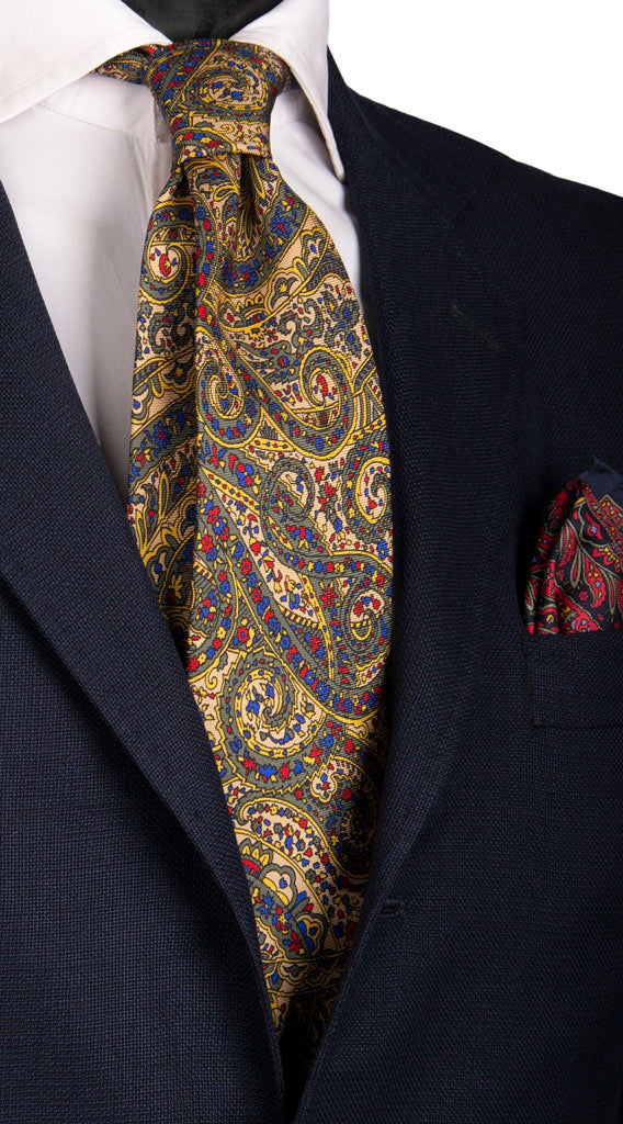 Cravatta Vintage in Saia di Seta Color Corda Verde Paisley Multicolor Made in Italy Graffeo Cravatte