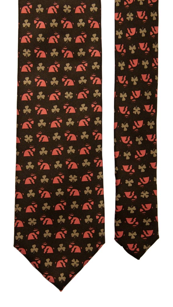 Cravatta Vintage in Saia di Seta Marrone Fantasia Rosa Salmone Verde Made in Italy Graffeo Cravatte Pala