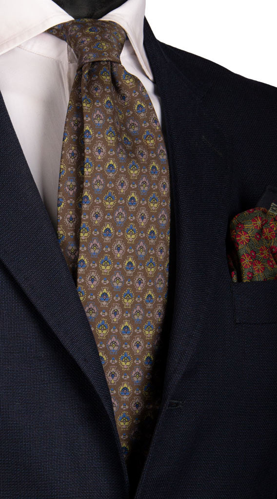 Cravatta Vintage in Saia di Seta Marrone Fantasia Verde Celeste Tortora Made in Italy Graffeo Cravatte