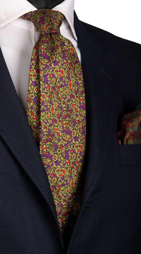 Cravatta Vintage in Saia di Seta Nera a Fiori Verdi Viola Corallo Made in Italy Graffeo Cravatte