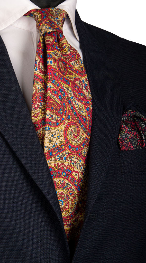 Cravatta Vintage in Saia di Seta Rossa Beige Paisley Multicolor Made in Italy Graffeo Cravatte