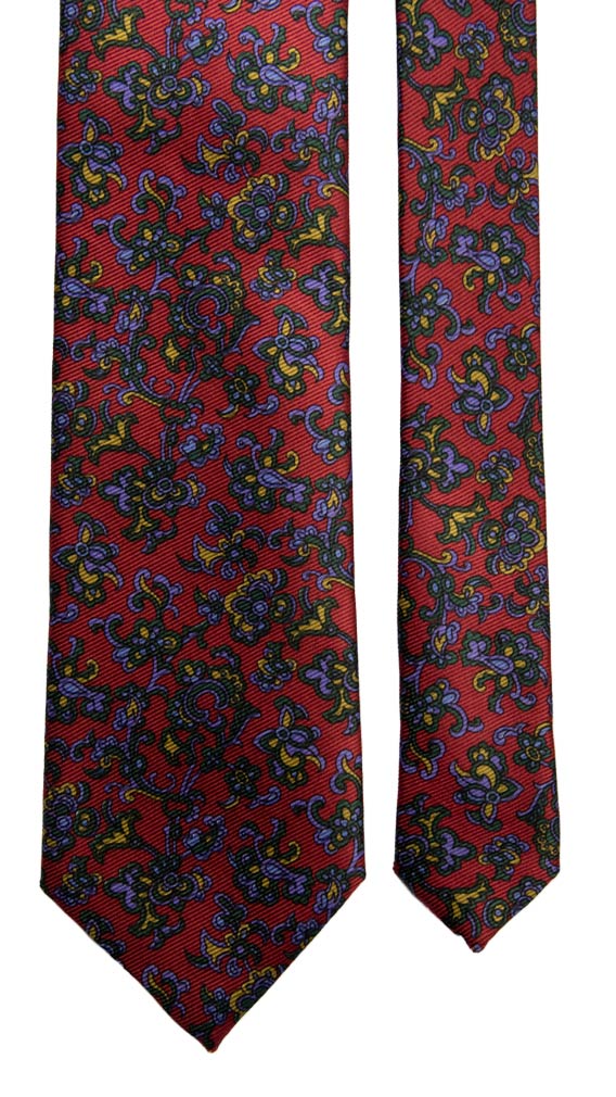 Cravatta Vintage in Saia di Seta Rossa Bordeaux a Fiori Multicolor Made in Italy Graffeo Cravatte Pala