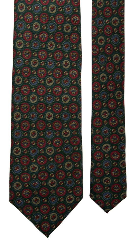 Cravatta Vintage in Saia di Seta Verde Bottiglia Fantasia Multicolor Made in Italy Graffeo Cravatte Pala