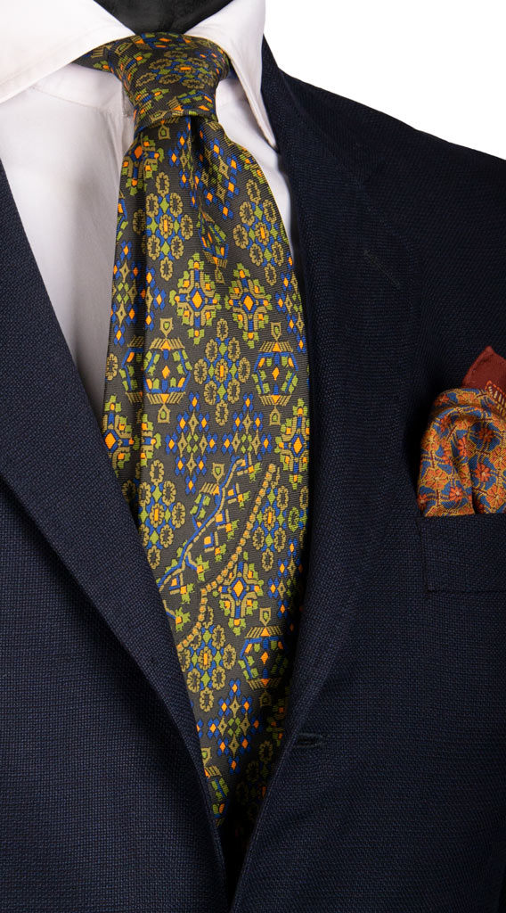 Cravatta Vintage in Saia di Seta Verde Bottiglia Fantasia Verde Bluette Arancione Made in Italy Graffeo Cravatte