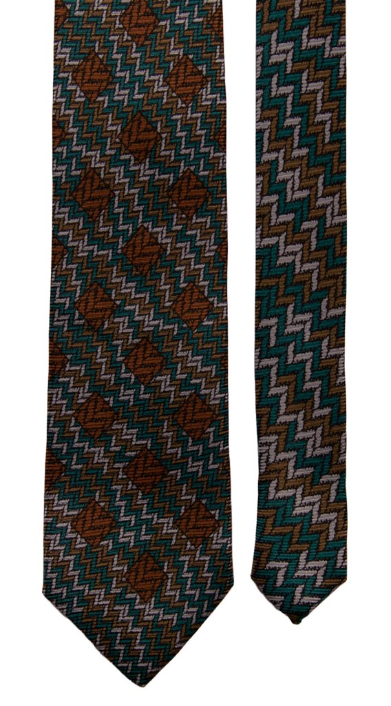 Cravatta Vintage in Saia di Seta Verde Bottiglia Marrone Fantasia Nodo in Contrasto Made in Italy Graffeo Cravatte Pala