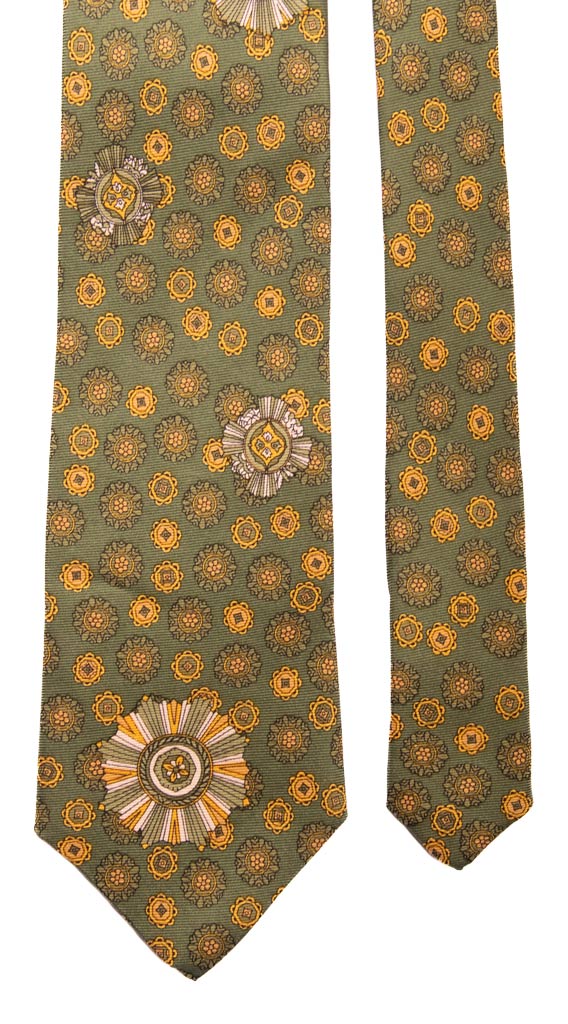 Cravatta Vintage in Saia di Seta Verde Fantasia Giallo Oro Bianca Made in Italy Graffeo Cravatte Pala