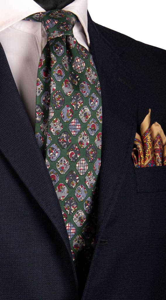 Cravatta Vintage in Saia di Seta Verde Fantasia Grigia Blu Avio Made in Italy Graffeo Cravatte