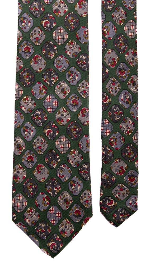 Cravatta Vintage in Saia di Seta Verde Fantasia Grigia Blu Avio Made in Italy Graffeo Cravatte Pala