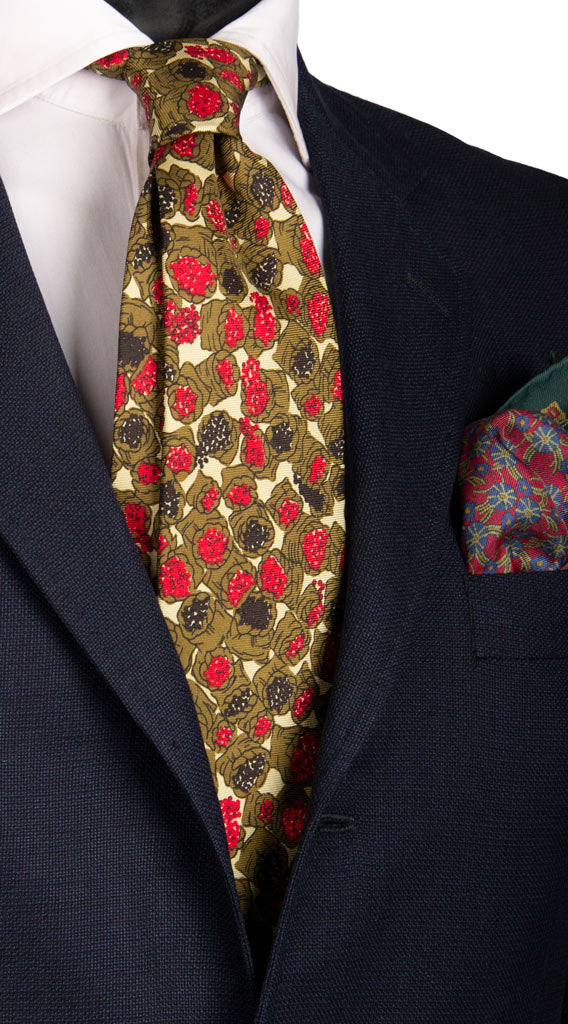 Cravatta Vintage in Saia di Seta Verde Mela Fantasia Verde Milatare Rossa Marrone Made in Italy Graffeo Cravatte