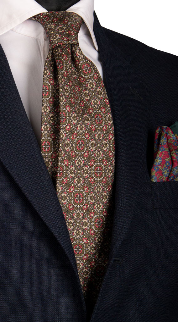 Cravatta Vintage in Saia di Seta Verde Militare Fantasia Rosa Antico Grigia Beige Made in Italy Graffeo Cravatte