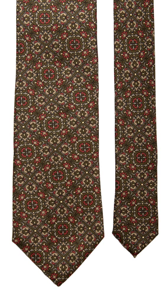 Cravatta Vintage in Saia di Seta Verde Militare Fantasia Rosa Antico Grigia Beige Made in Italy Graffeo Cravatte Pala