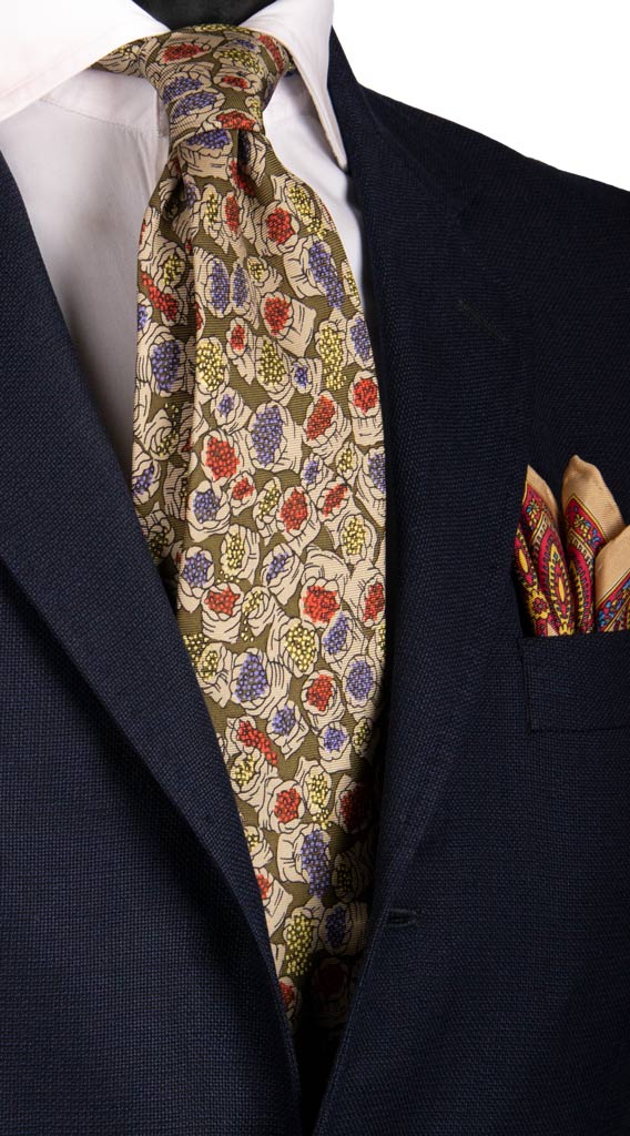 Cravatta Vintage in Saia di Seta Verde Militare Tortora Fantasia Multicolor Made in Italy Graffeo Cravatte